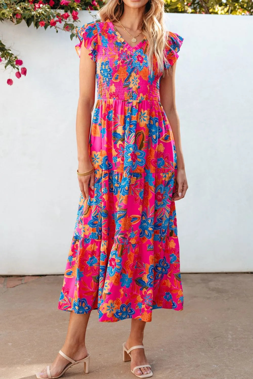 Boho Floral V-Neck Ruffle Tiered Dress -