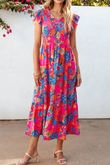Boho Floral V-Neck Ruffle Tiered Dress -
