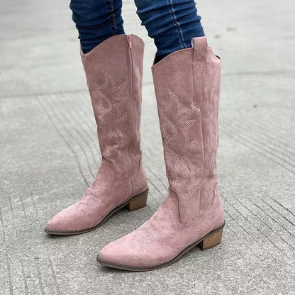 Point Toe Block Heels Boots - Dusty Pink
