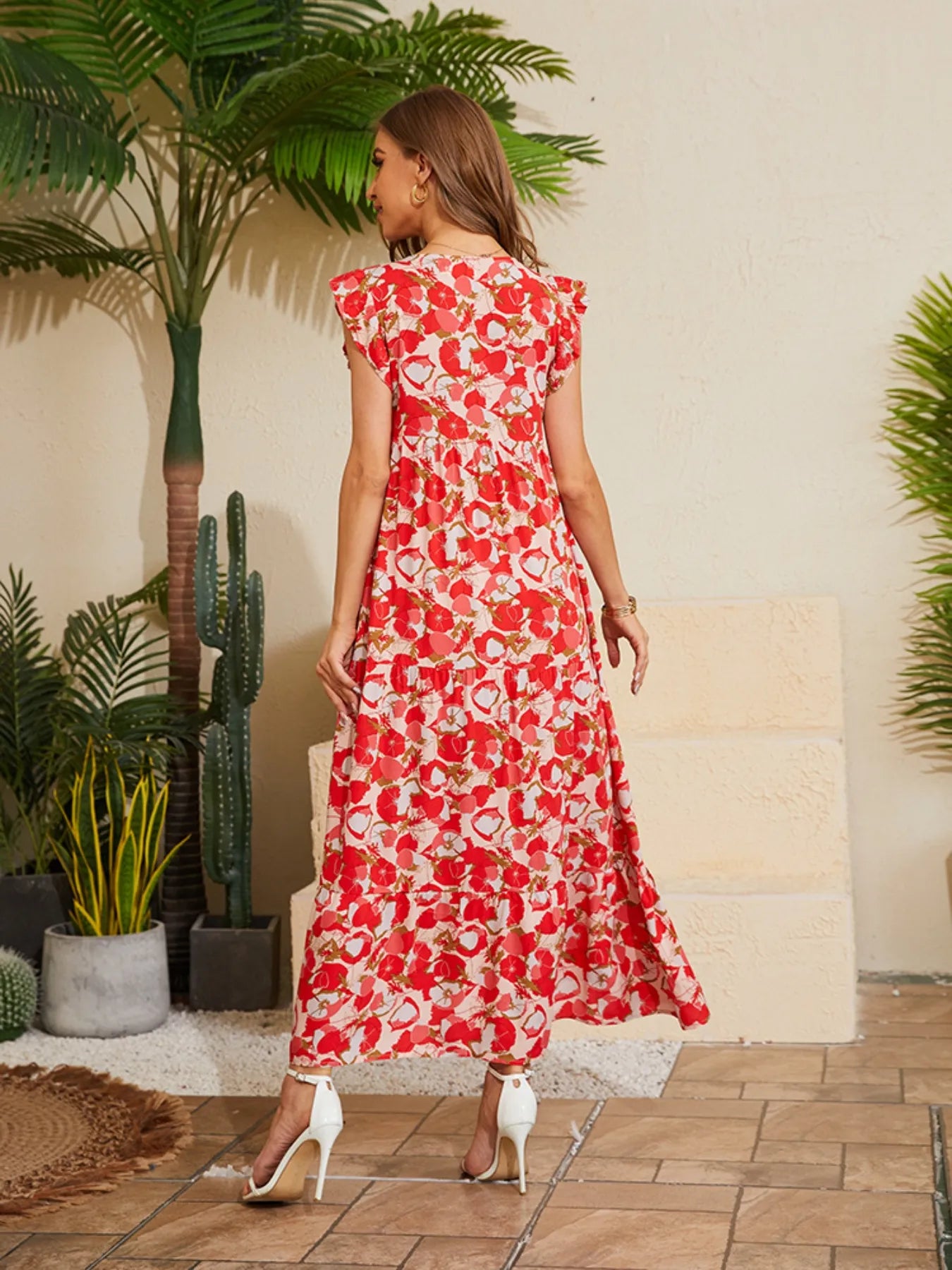 Floral V-Neck Cap Sleeve Summer Dress -