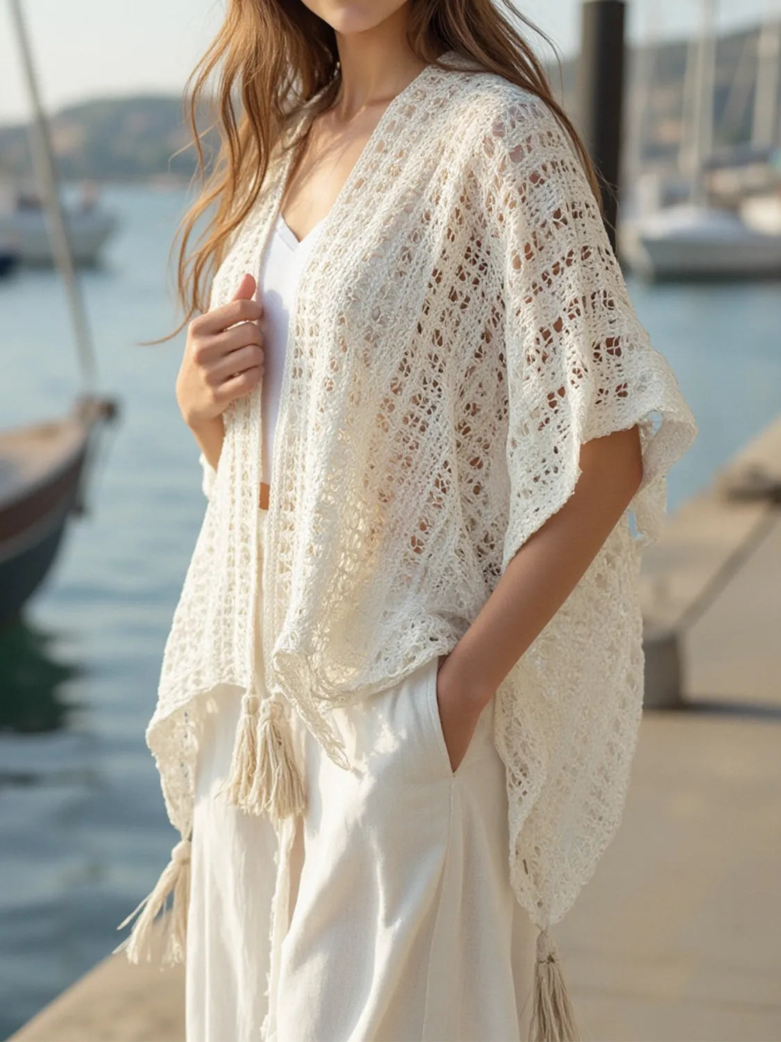 Openwork Tassel Open Front Knit Cover-Up - Cream One Size