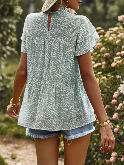 Printed Ruffle Sleeve Babydoll Blouse - Green