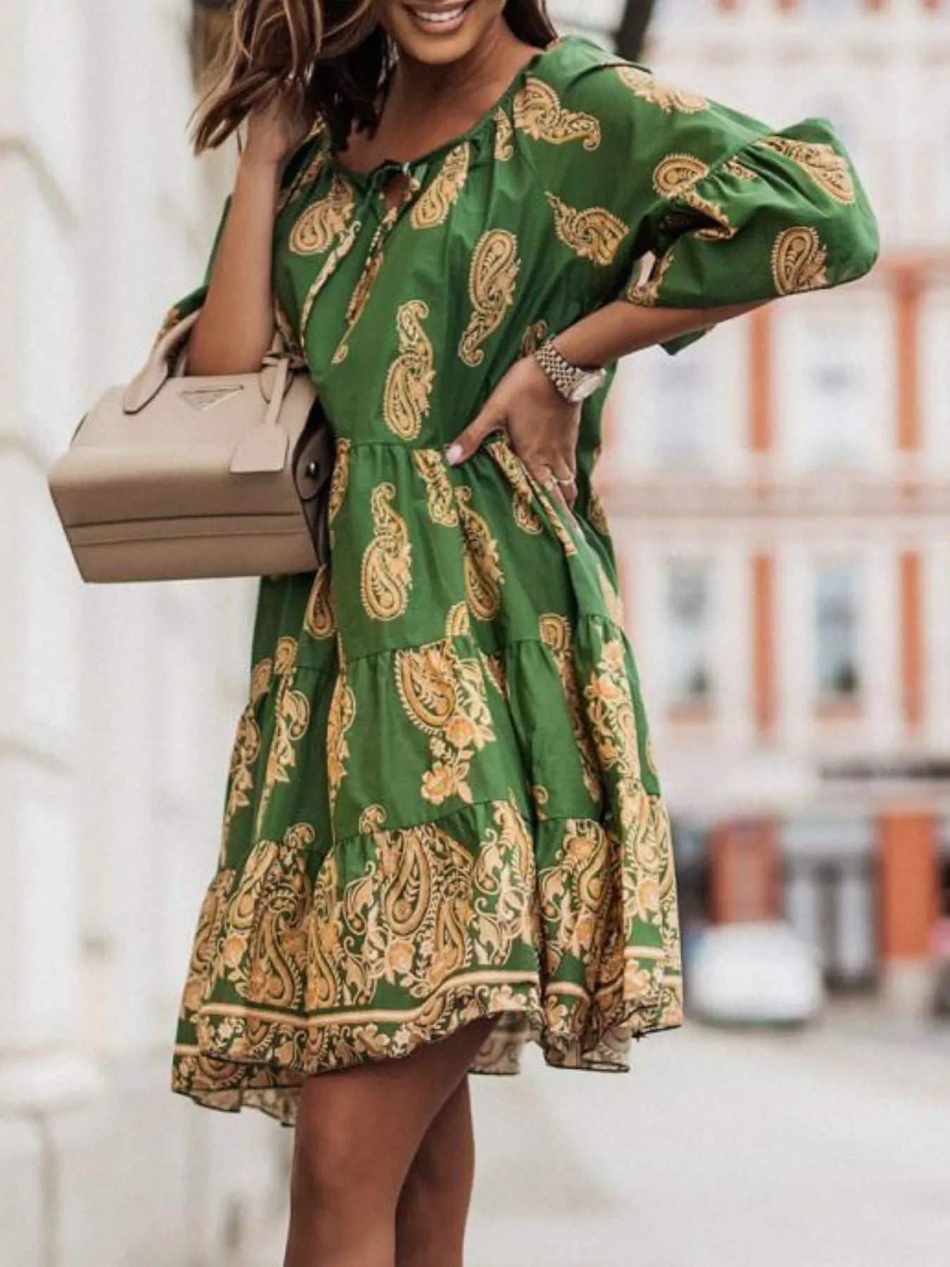 Paisley Print Tie Neck Half Sleeve Mini Dress -