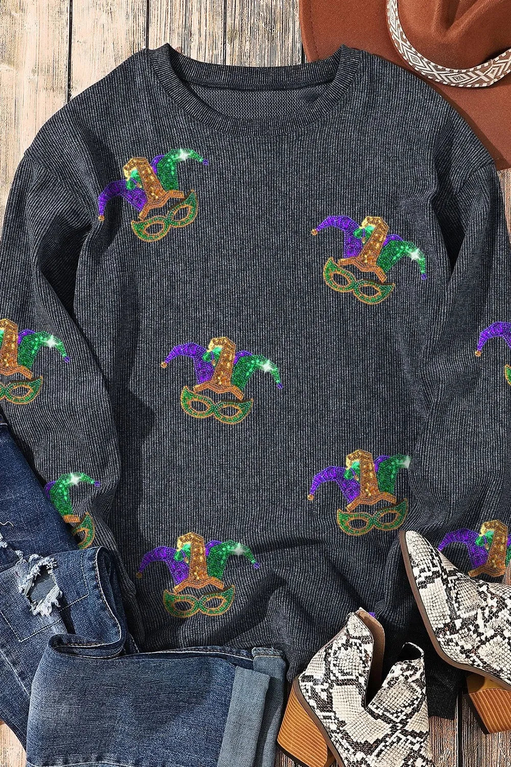 Sequin Round Neck Dropped Shoulder Sweatshirt -