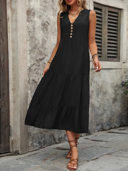 Decorative Button Notched Sleeveless Dress -