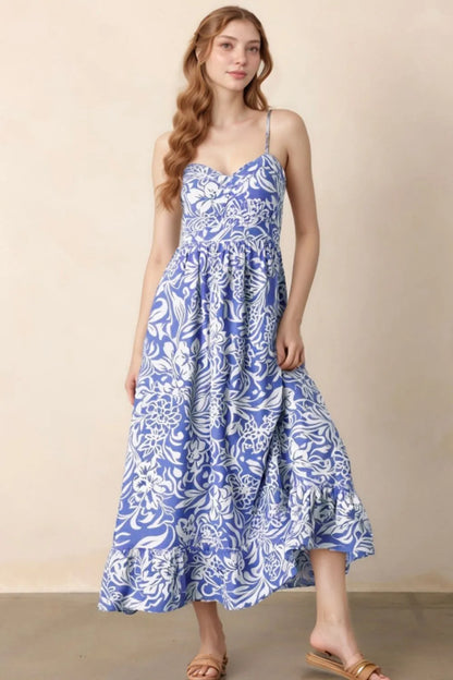 Floral Print Spaghetti Strap High Waist Dress -