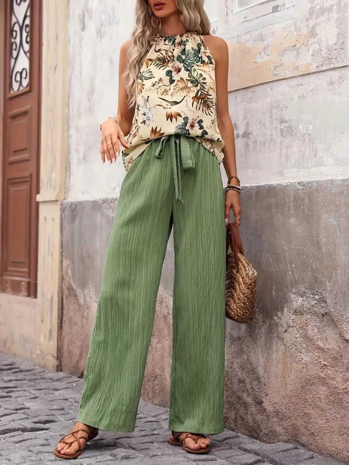 Printed Tank Top and Wide Leg Pants Set -