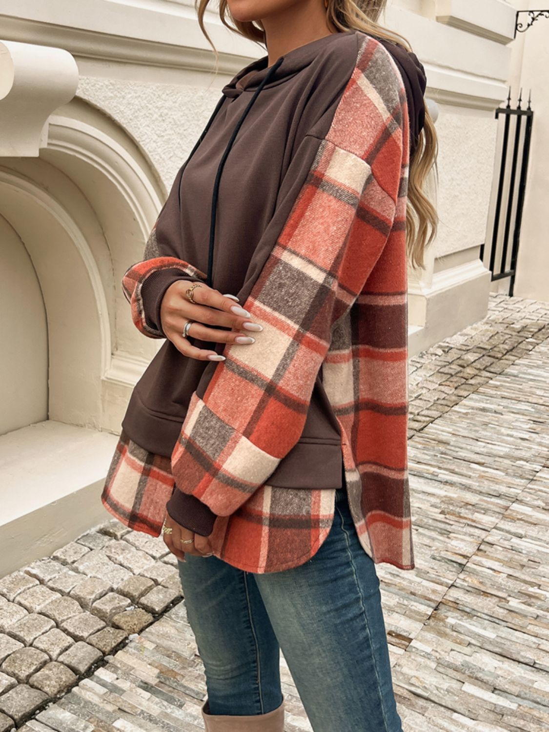 Drawstring Plaid Long Sleeve Hoodie