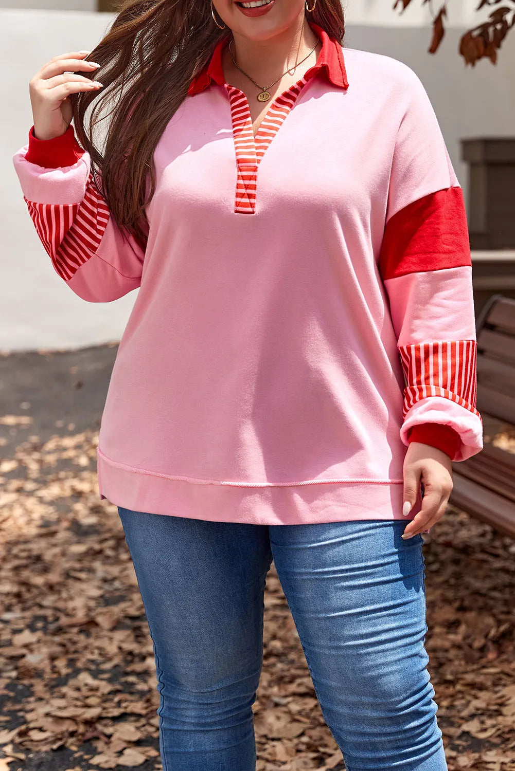 Plus Size Color Block Johnny Collar Long Sleeve Sweatshirt - Pink