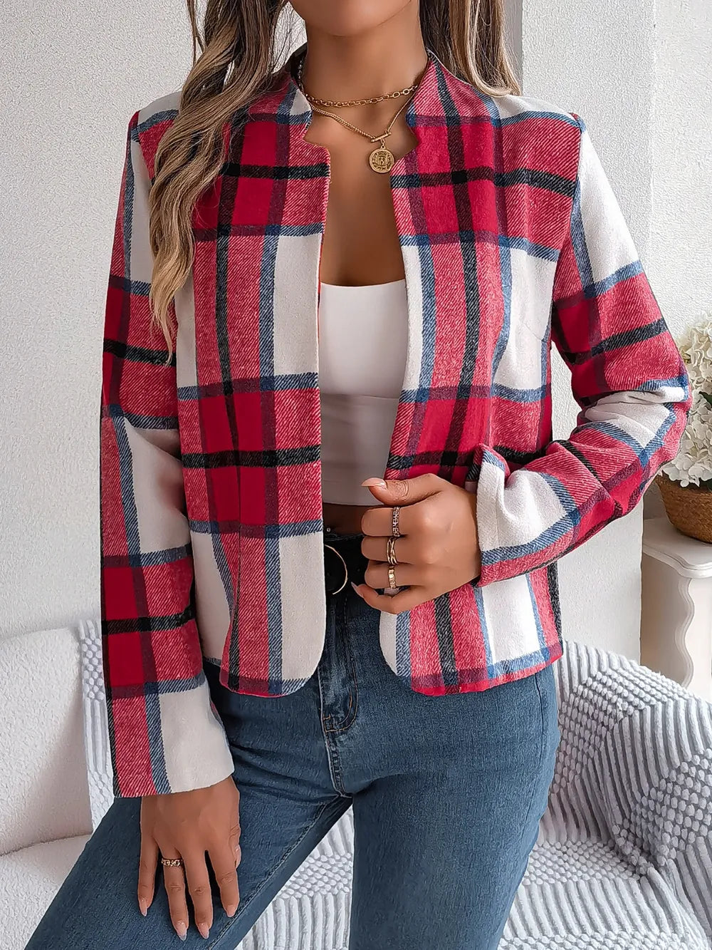 Plaid Open Front Long Sleeve Jacket -