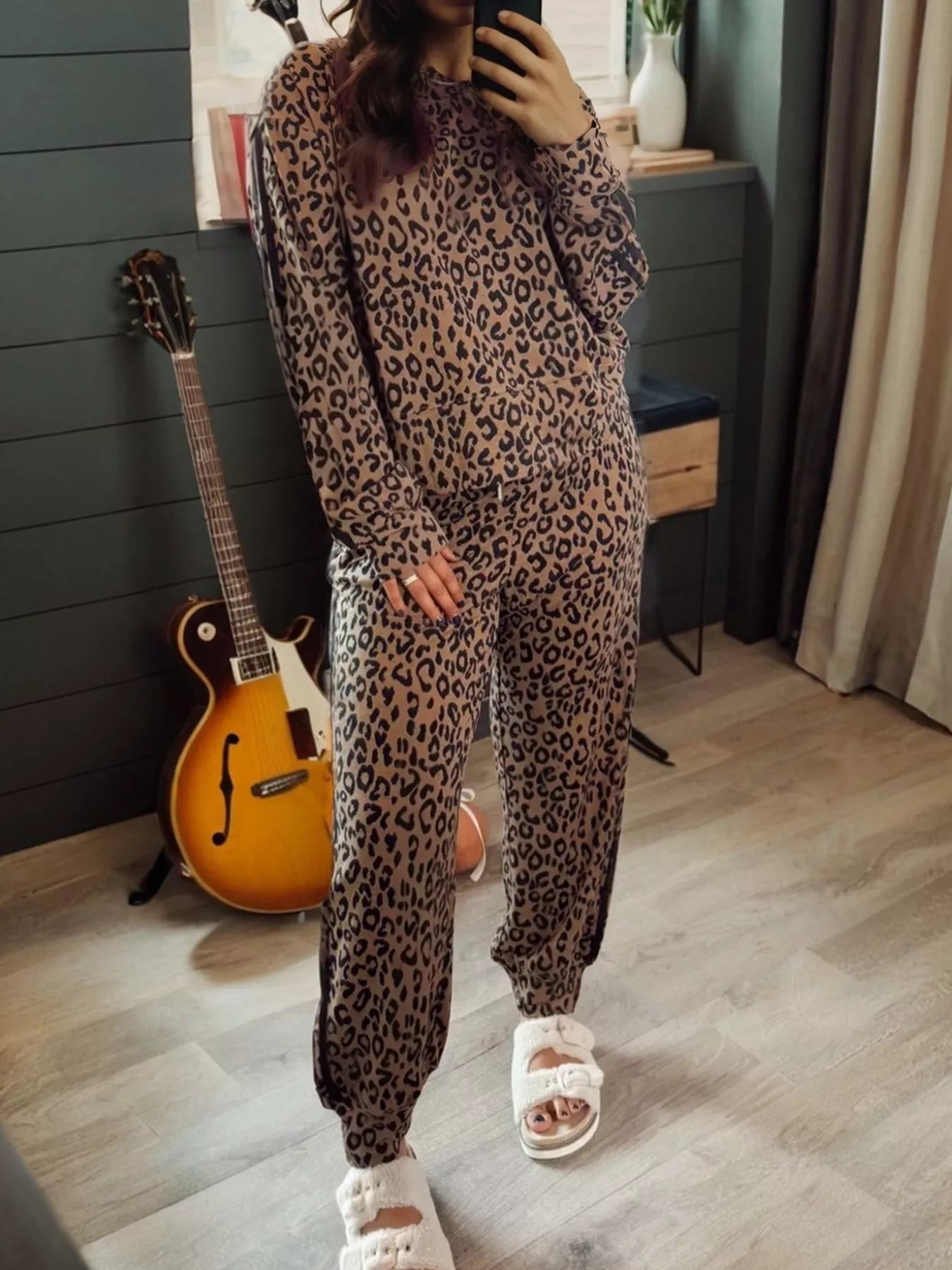Striped Trim Leopard Long Sleeve Top Drawstring Pant Set -