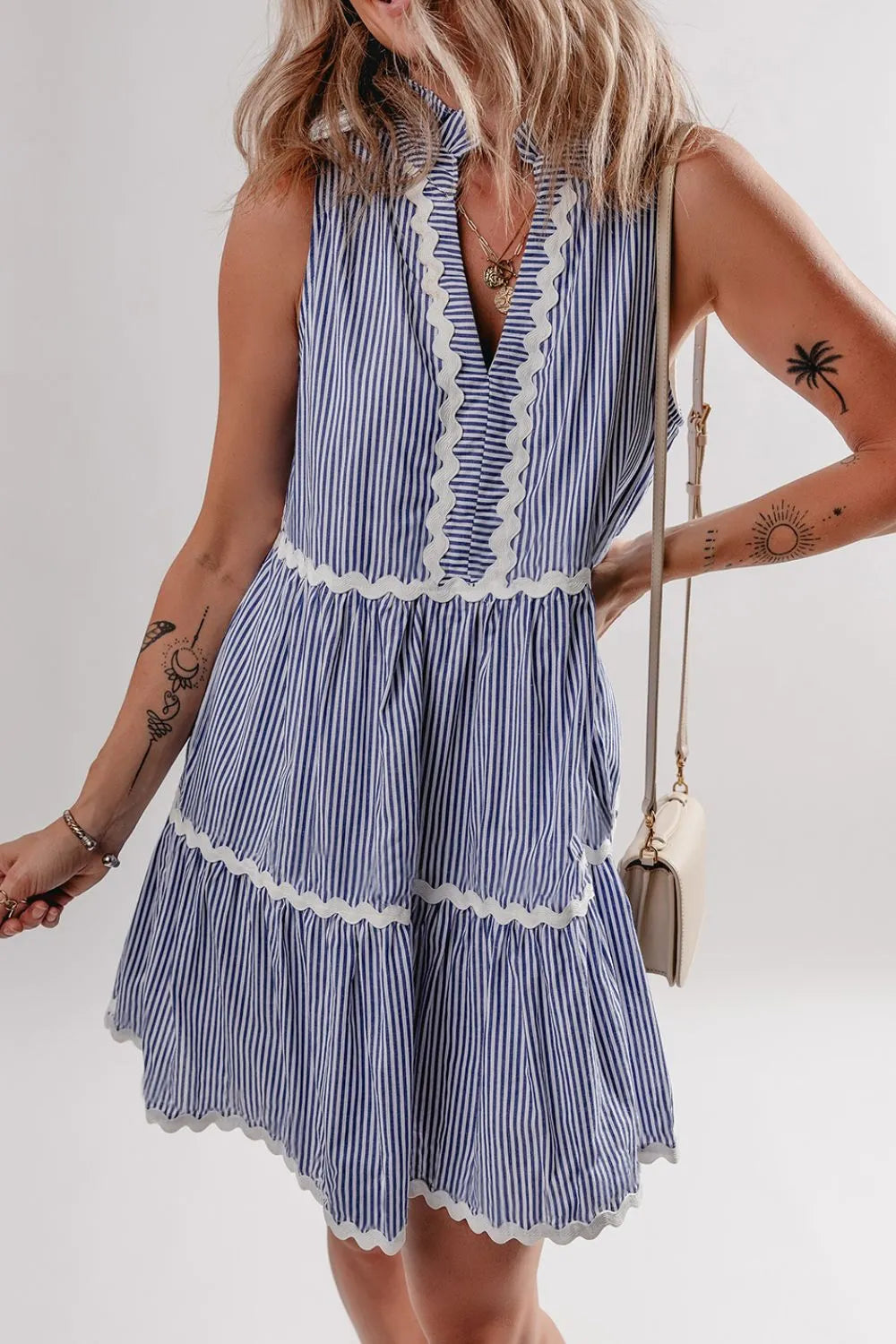 Stripe Sleeveless Notched Ric Rac Mini Dress -