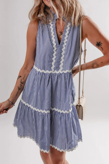 Stripe Sleeveless Notched Ric Rac Mini Dress -