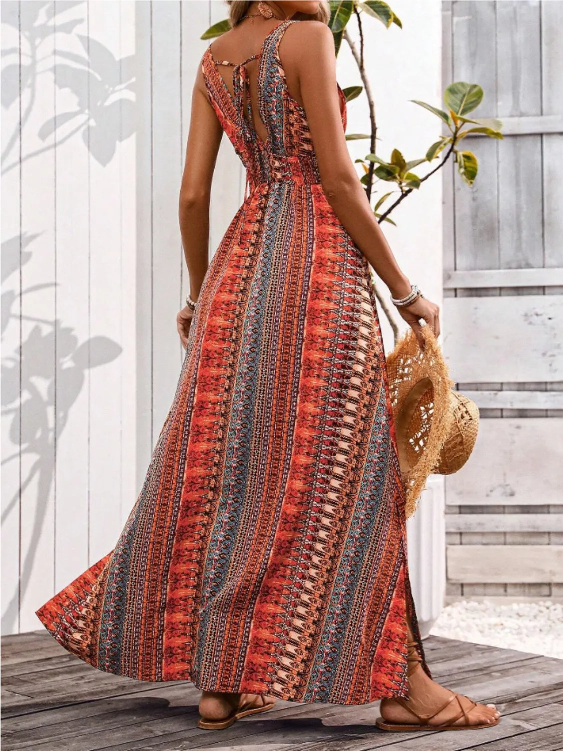 Tied Back Printed Sleeveless Maxi Slit Dress -