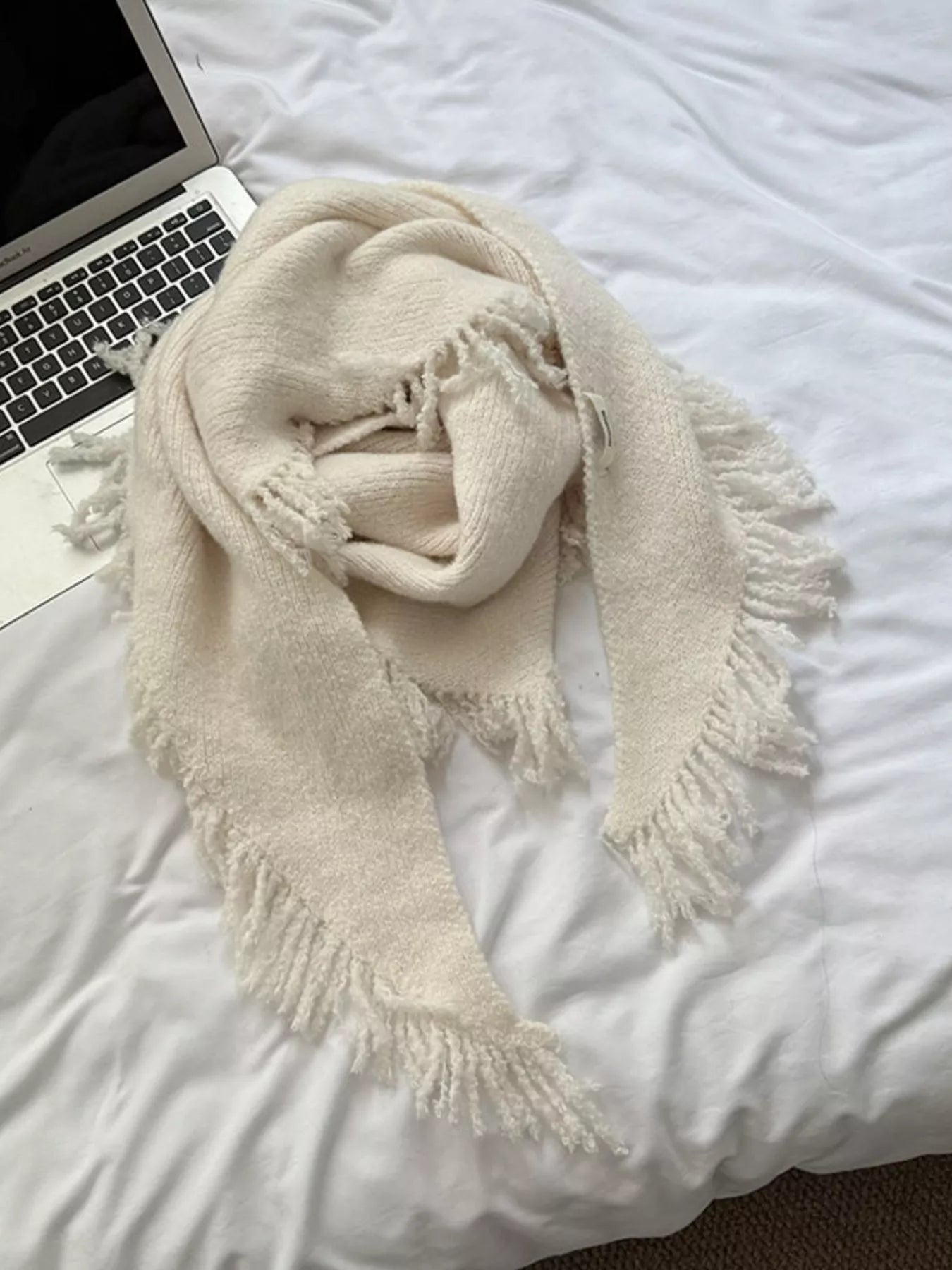 Fringe Trim Knit Scarf - Off-white One Size