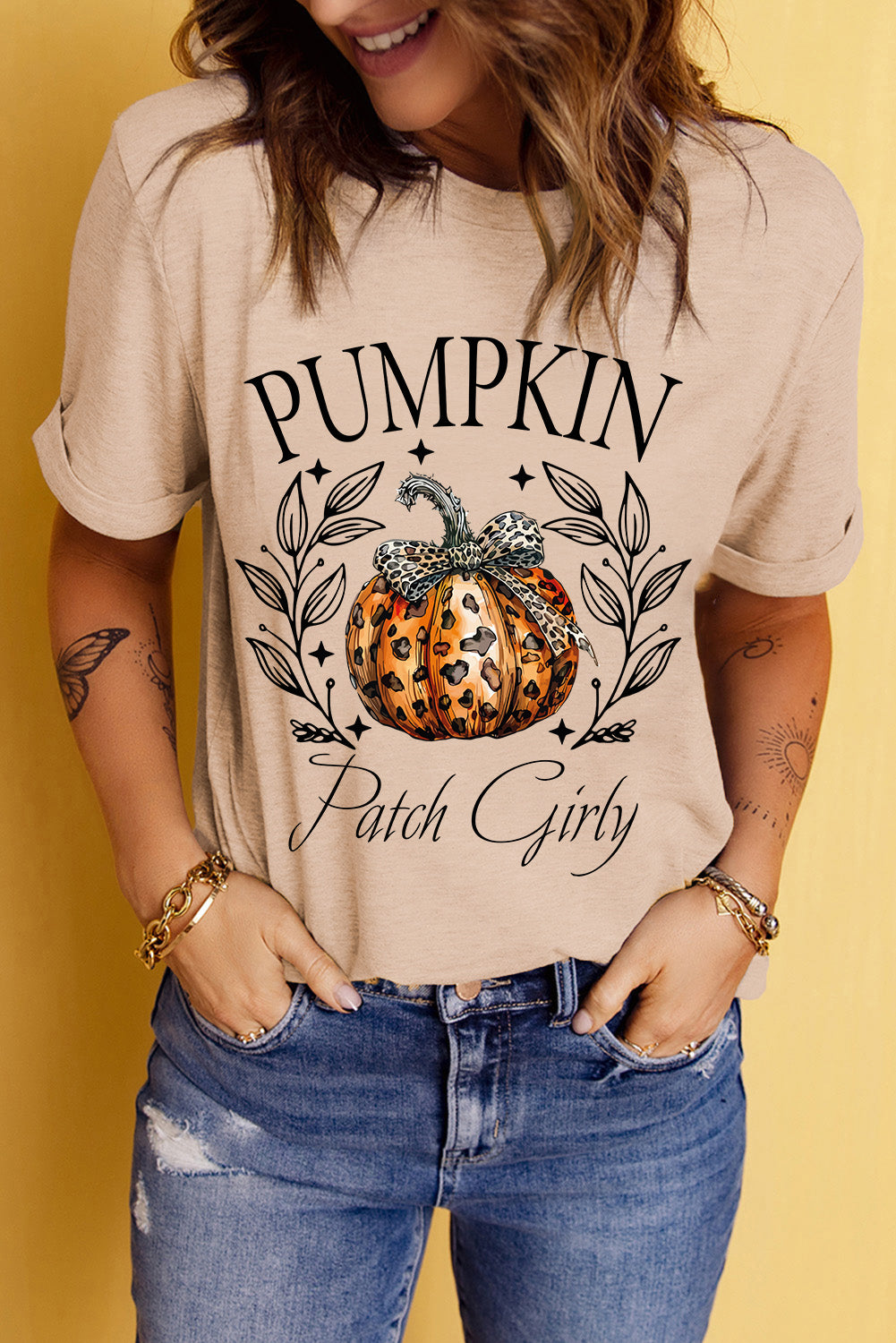 Pumpkin Graphic Round Neck Short Sleeve T-Shirt - Tan