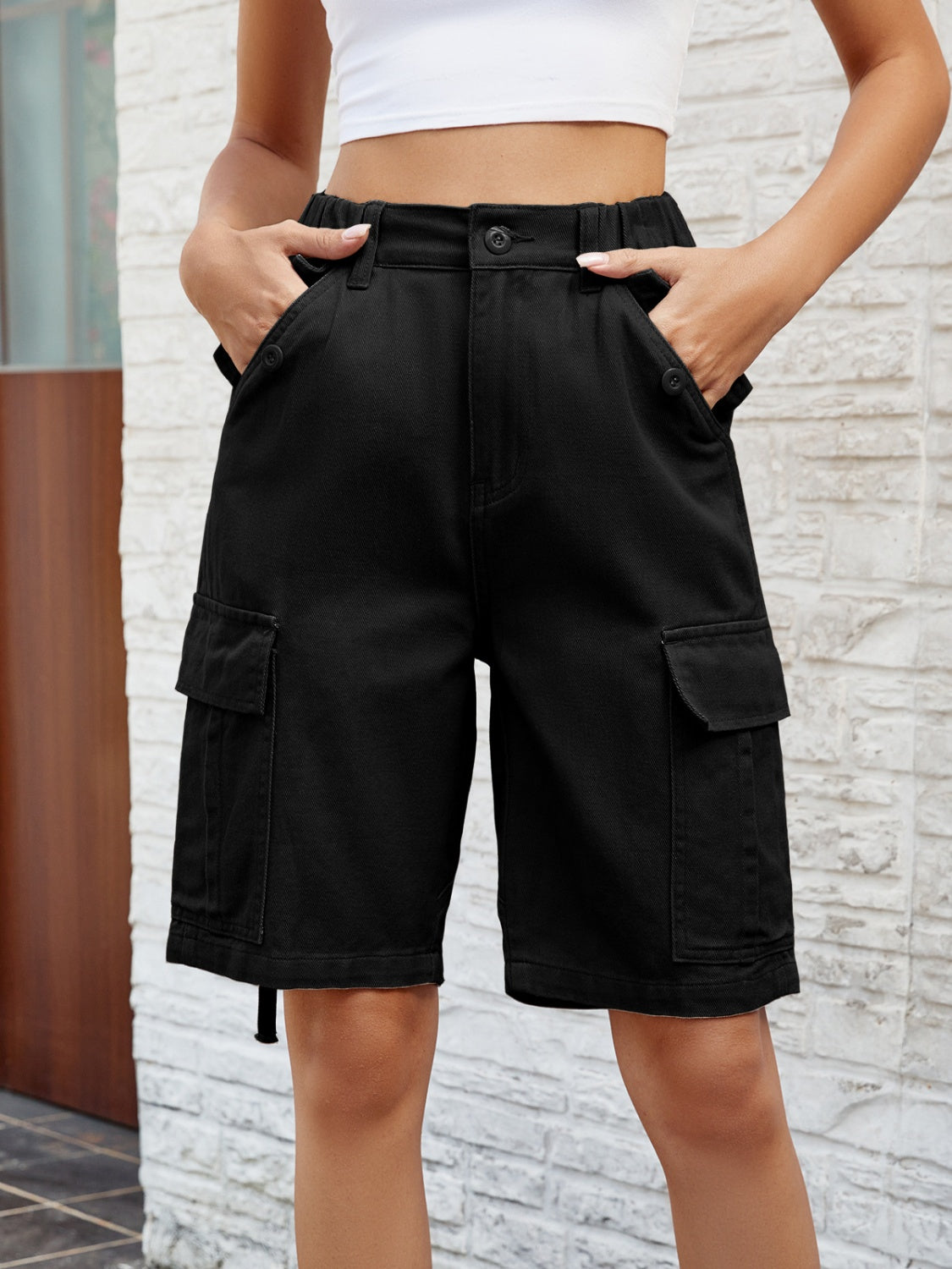 High Waist Denim Shorts with Pockets - Black