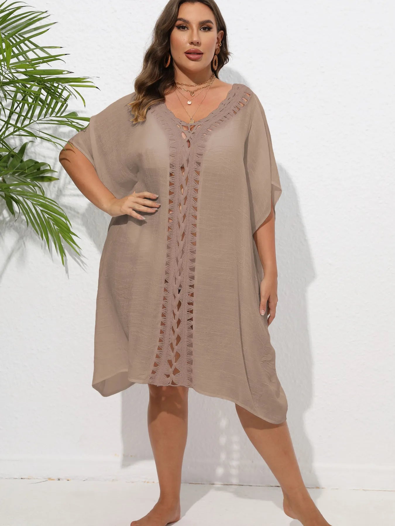 Crochet Trim V-Neck Beach Cover-Up Dress - Brown One Size