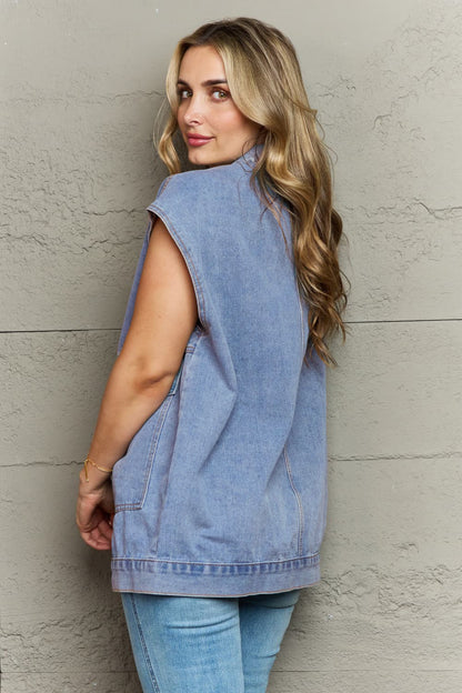 Collared Neck Sleeveless Denim Top -