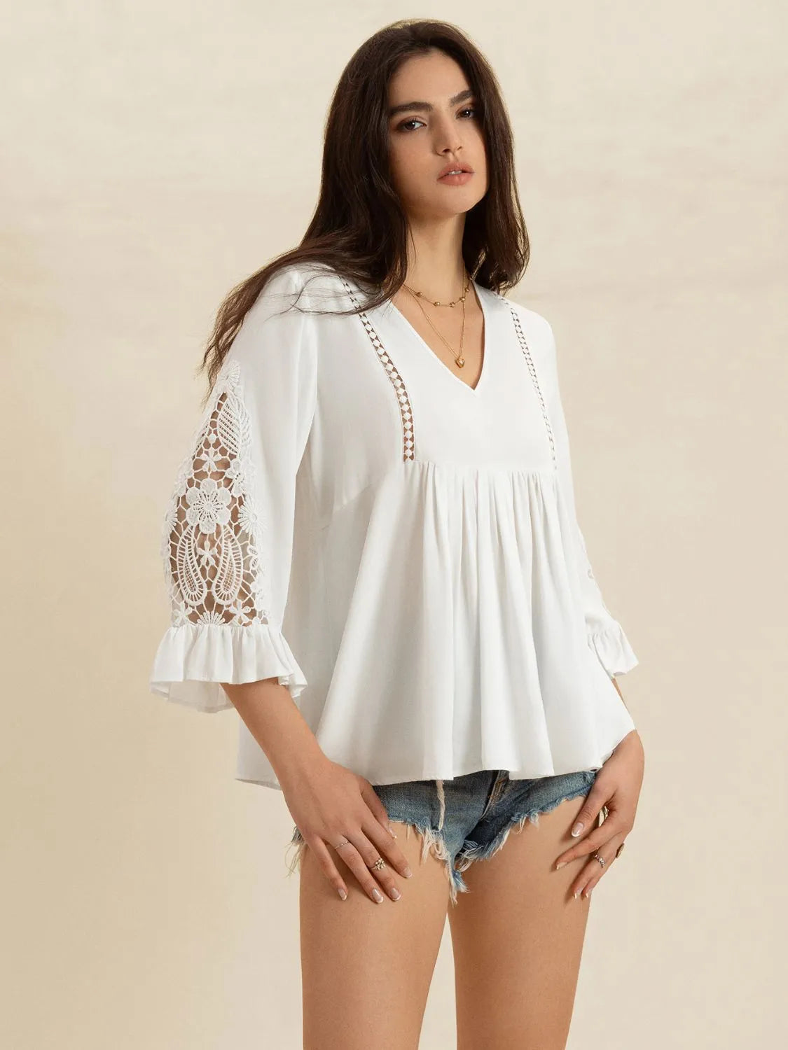 V-Neck Lace Flounce Sleeve Top - White