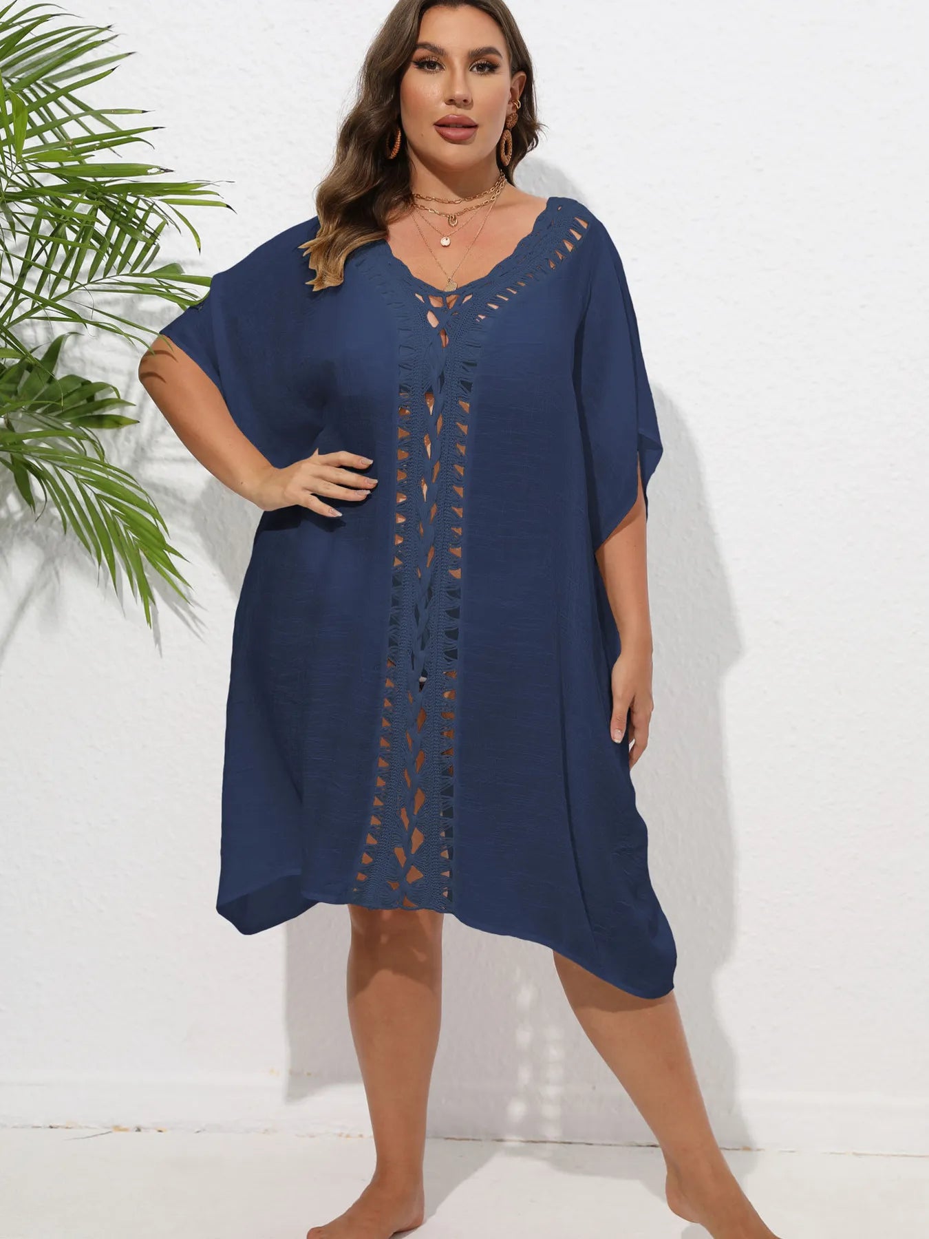 Crochet Trim V-Neck Beach Cover-Up Dress -