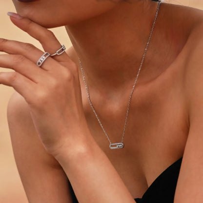Moving Crystal Bar Necklace and Ring Jewelry Set - Silver One Size