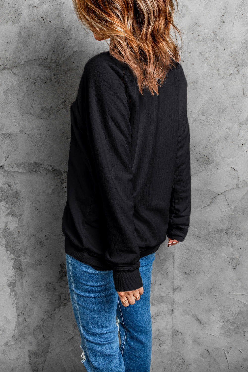 Pumpkin Round Neck Long Sleeve Sweatshirt - Black