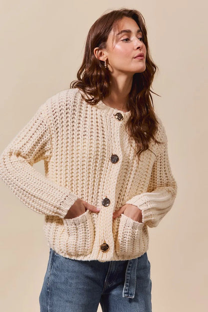 Metal Button Long Sleeve Chunky Sweater Cardigan - Cream