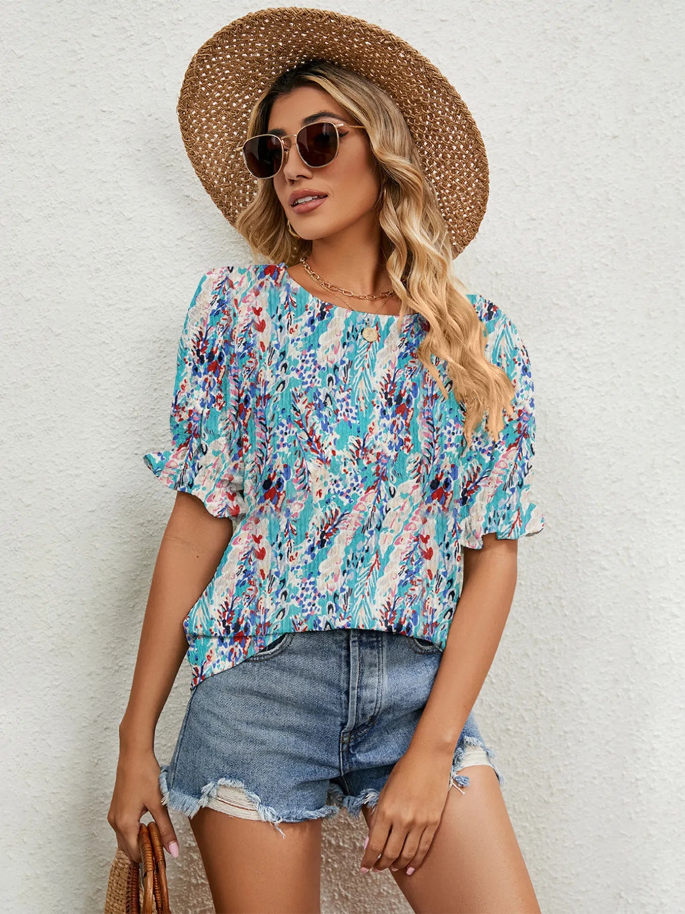 Printed Puff Sleeve Casual Blouse - Flower Green