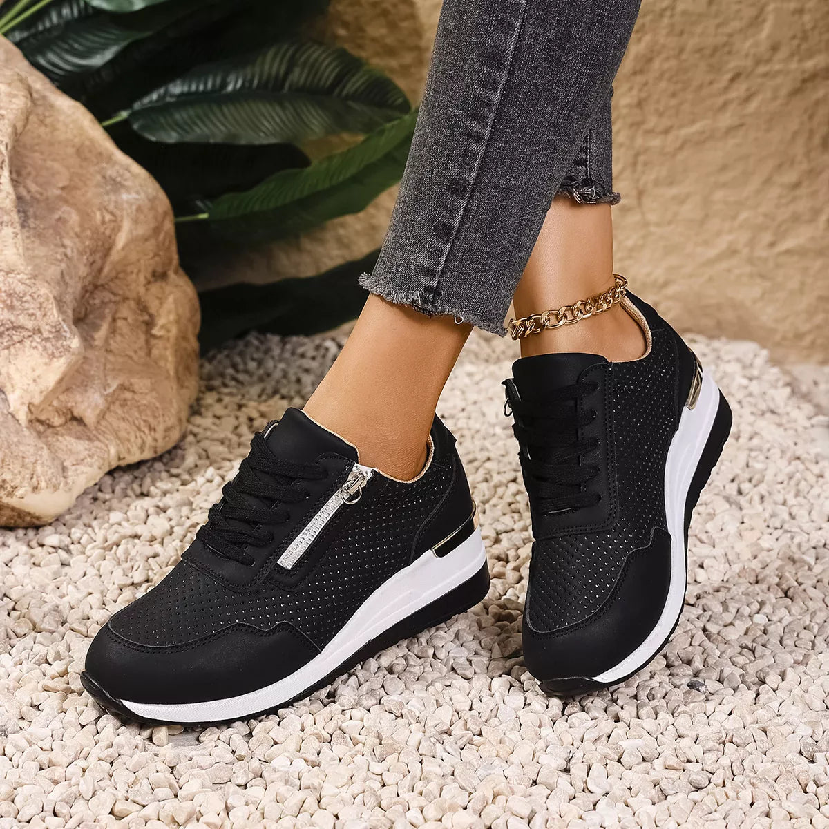 Lace Up Wedge Sneakers - Black