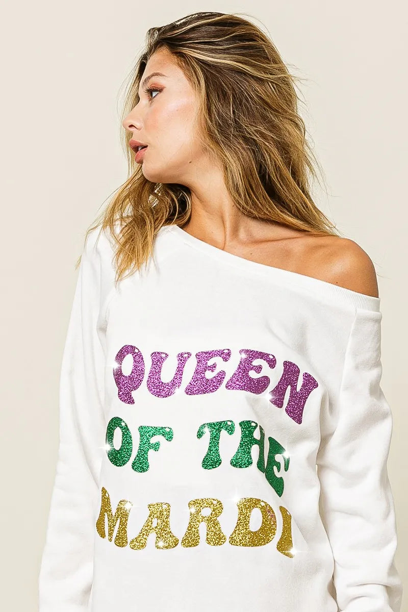 BiBi Queen Of Mardi Glitter Print Mardi Gras Sweatshirt -