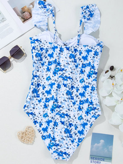 Floral Ruffled Strap Lace-up Hollow Out One-Piece Swimsuit -