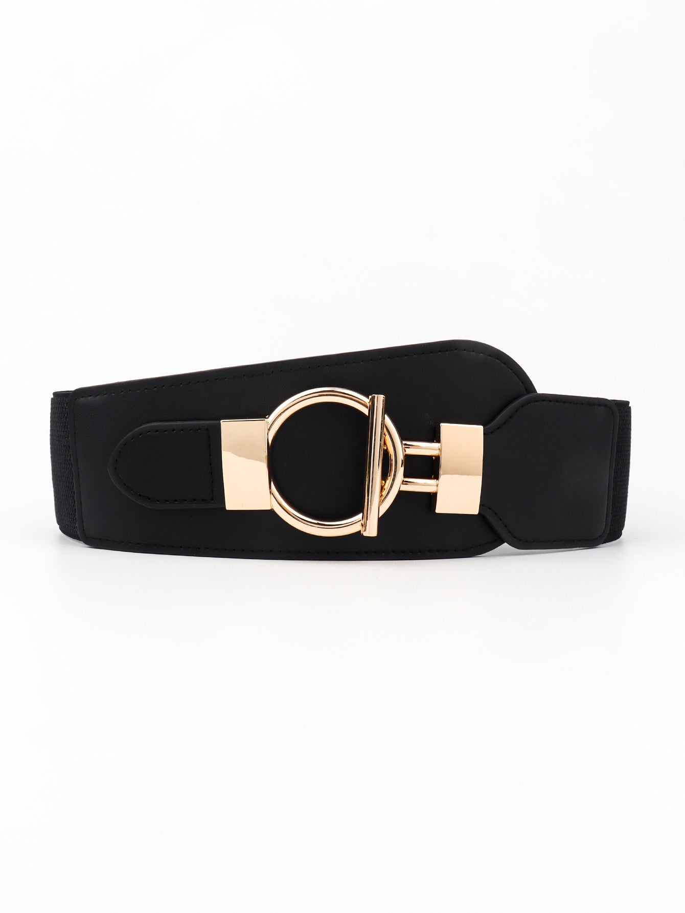 PU Elastic Wide Belt with Alloy Buckle - Black One Size