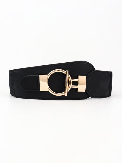 PU Elastic Wide Belt with Alloy Buckle - Black One Size