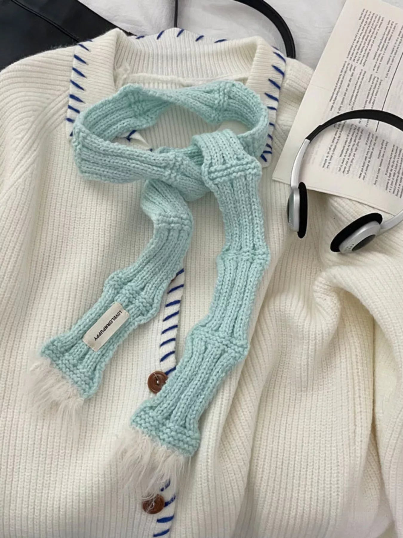 Knitted Plush Trim Scarf - Mint Color One Size