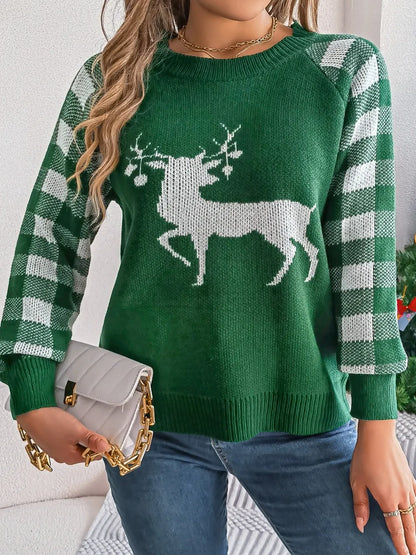 Reindeer Plaid Long Sleeve Sweater - Dark Green