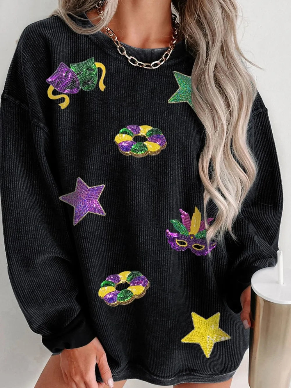 Sequin Round Neck Long Sleeve Sweatshirt -