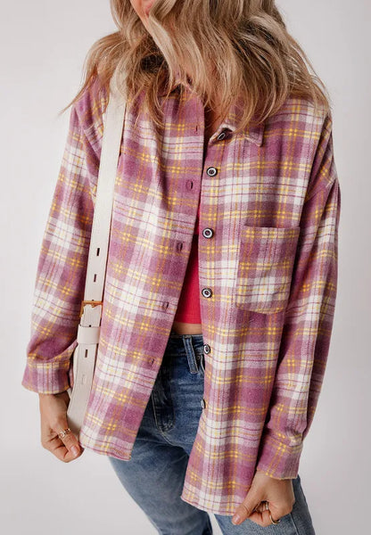 Plaid Collared Neck Button Up Shacket - Pink
