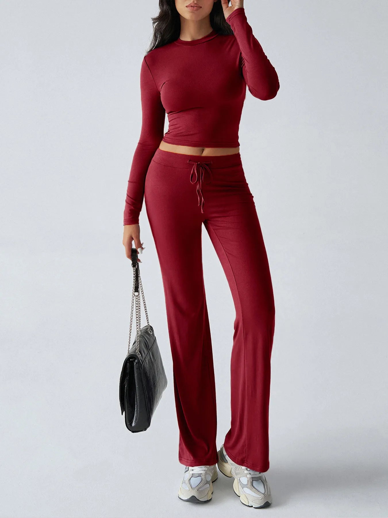 Round Neck Long Sleeve Top and Pants Set - Burgundy