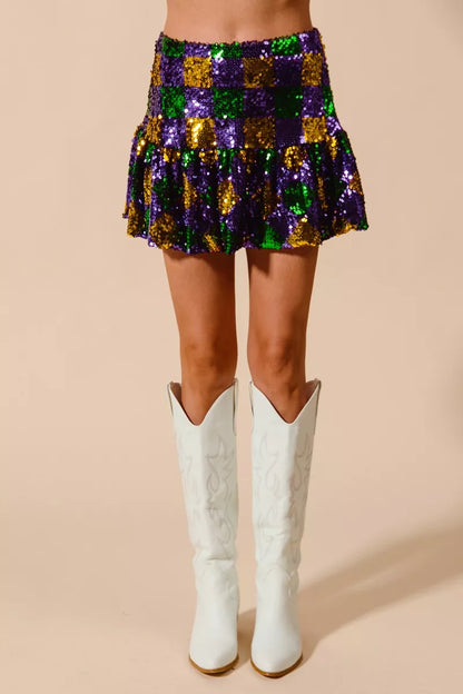 Mardi Gras Checker Sequins Mini Skirt -
