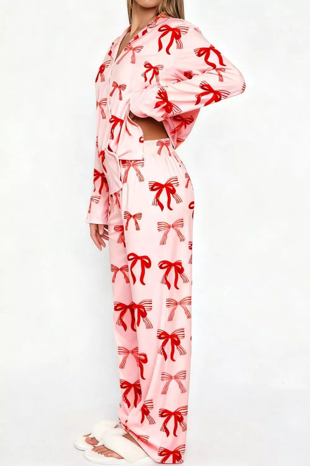 Bow Print Top and Wide Leg Pants Lounge Set -