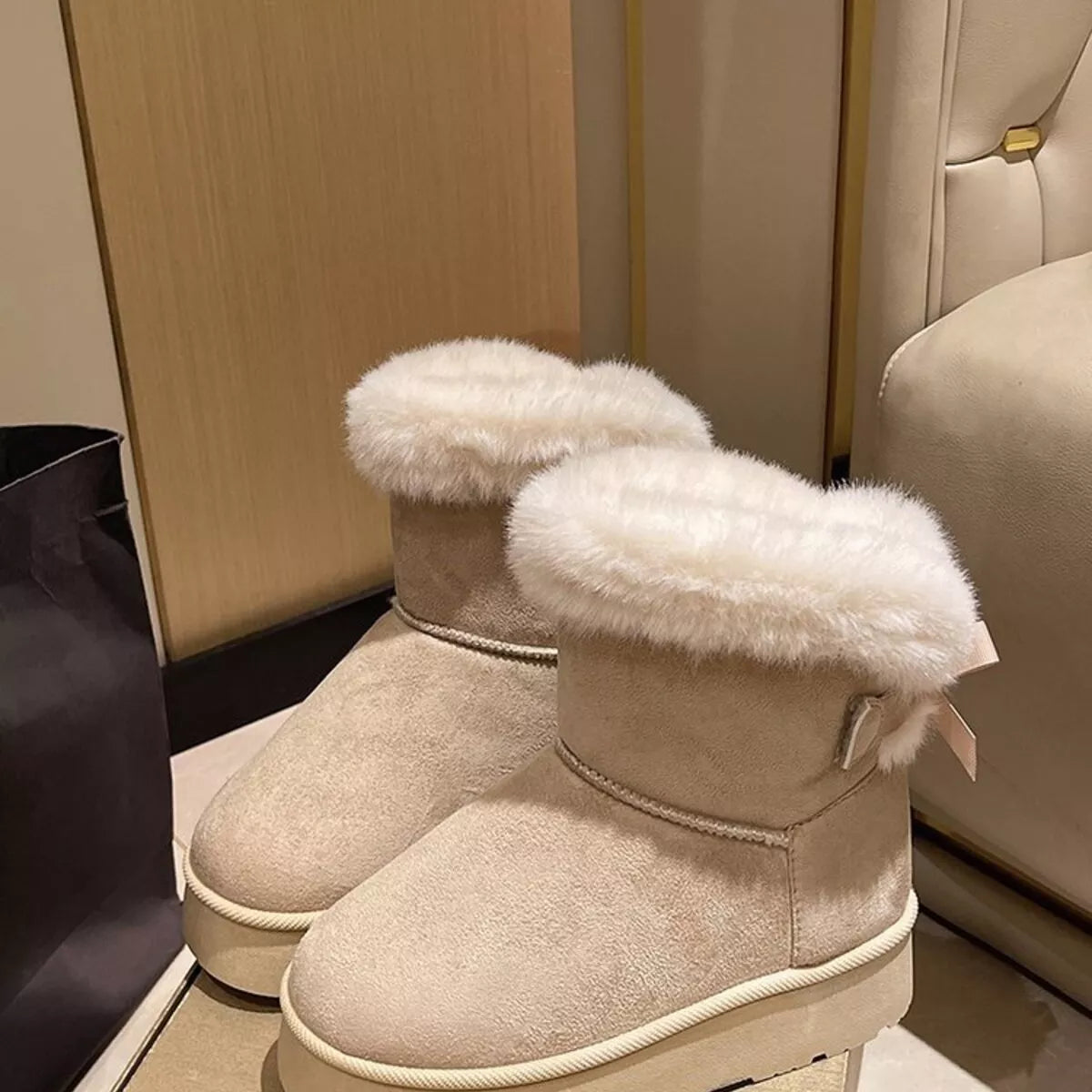 Round Toe Fuzzy Boots - Beige