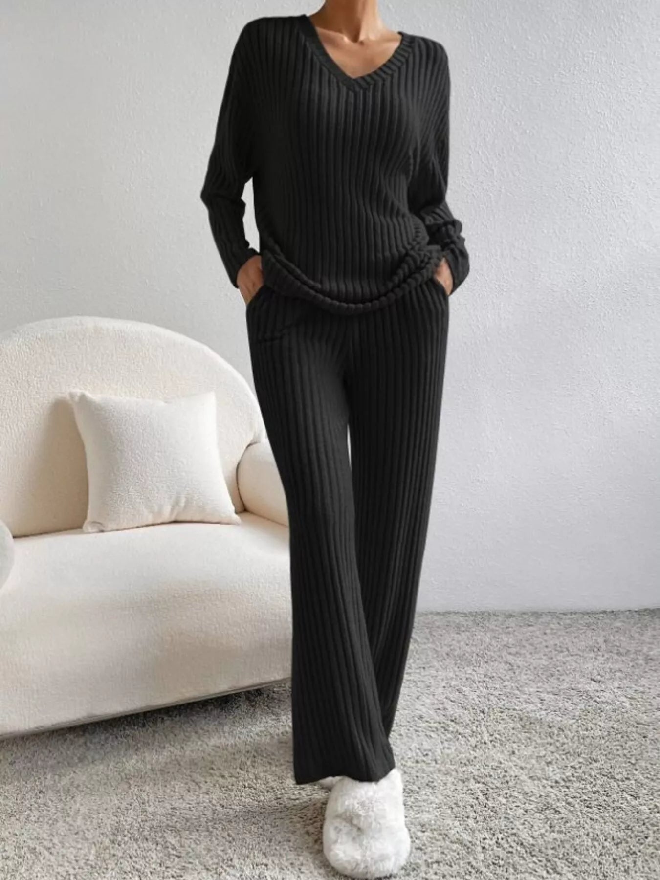 Ribbed Knit V-Neck Top and Pants Set -
