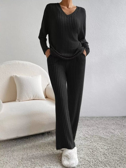Ribbed Knit V-Neck Top and Pants Set -