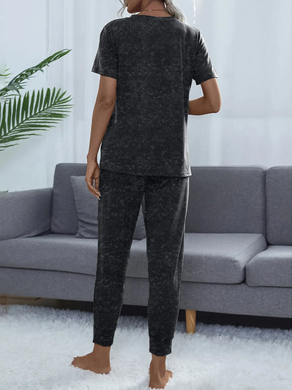 Round Neck Short Sleeve Top and Pants Lounge Set -