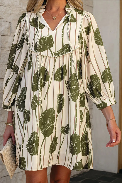 Printed Tie Neck Balloon Sleeve Dress -