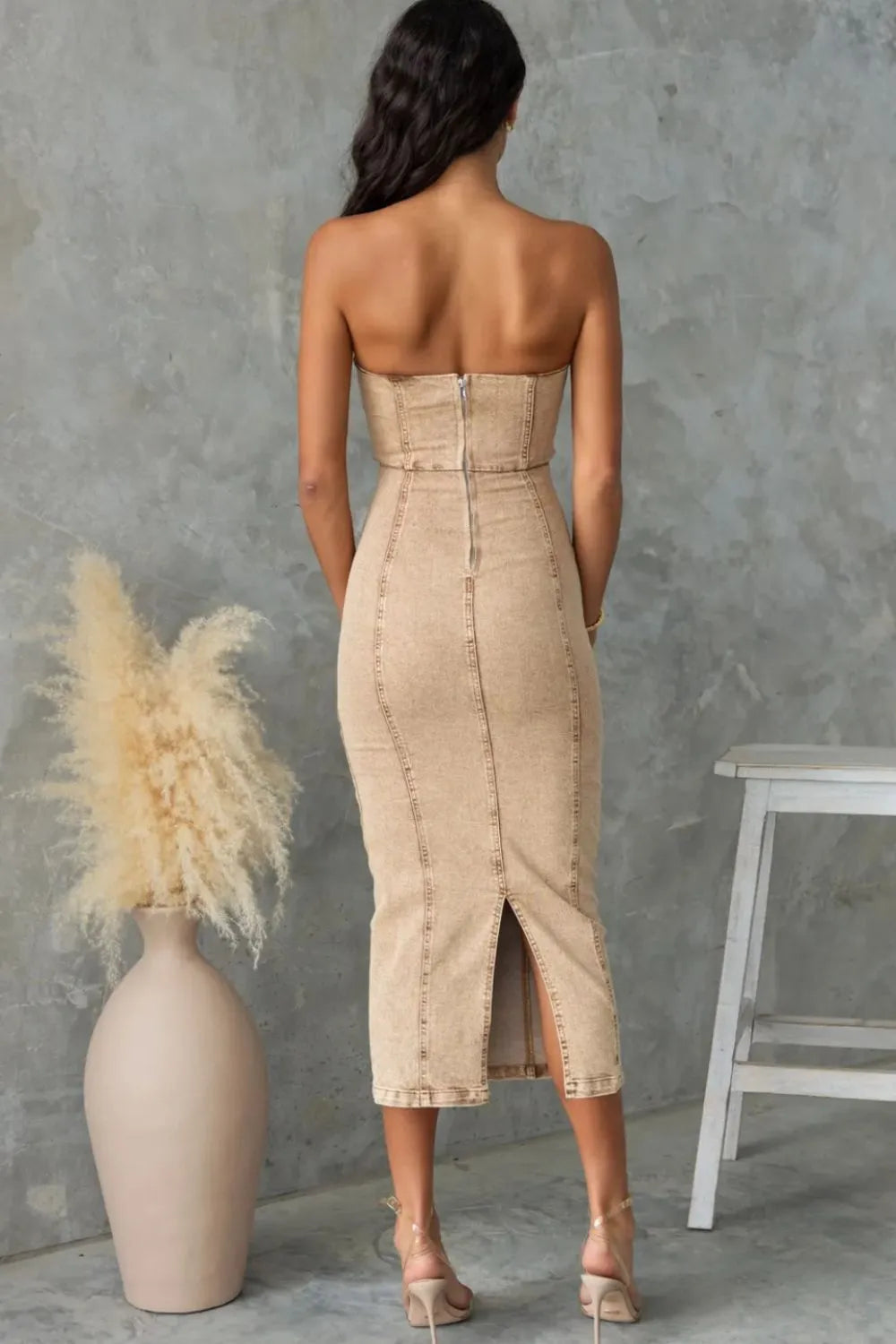 Washed Slit Back Tube Denim Dress -