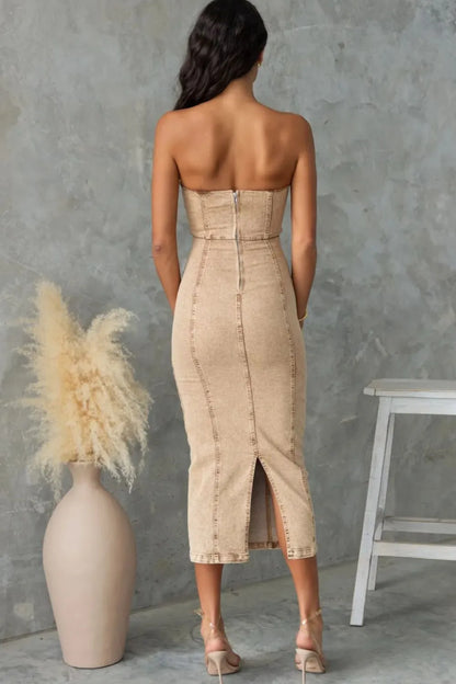 Washed Slit Back Tube Denim Dress -