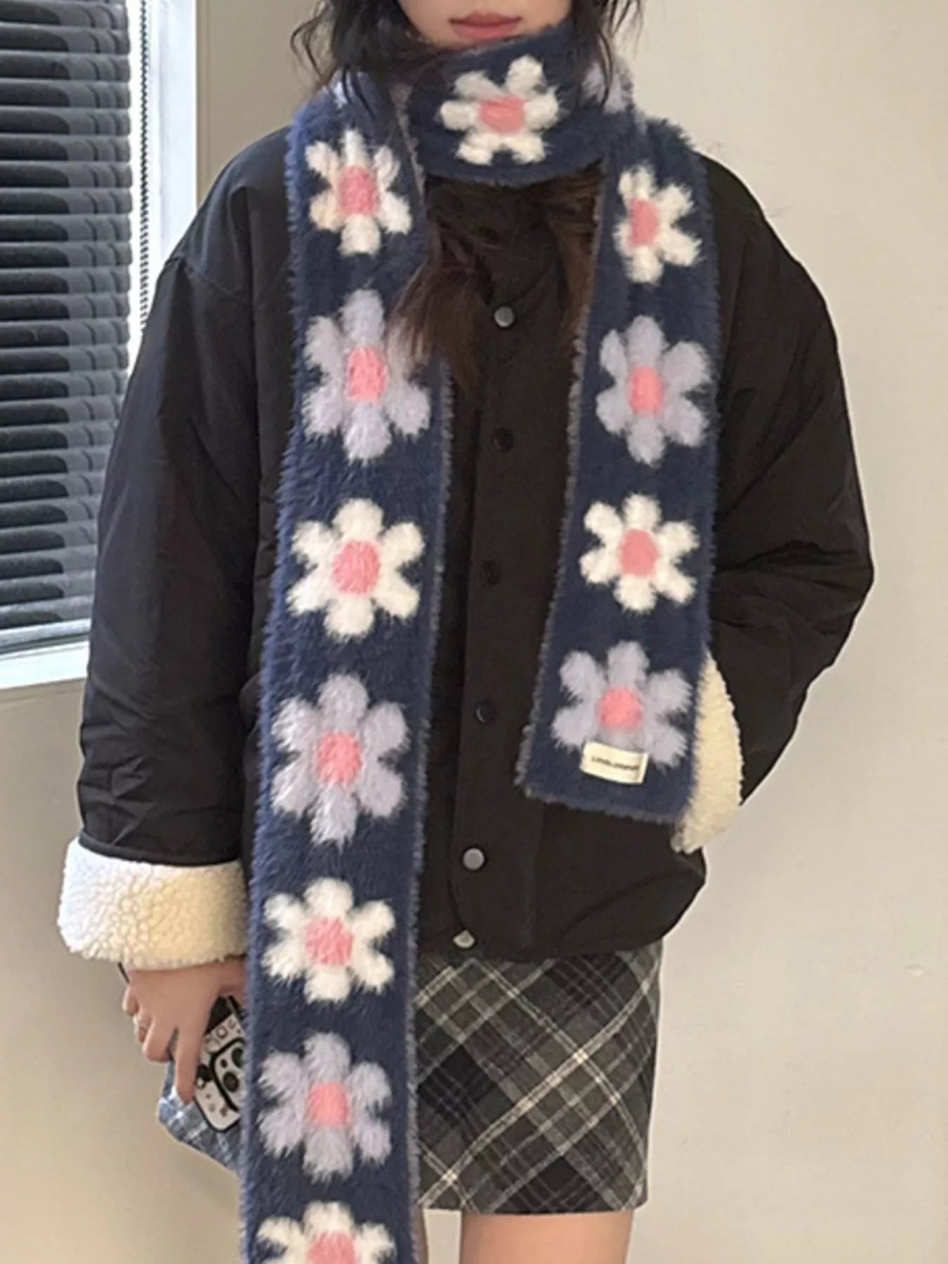 Floral Fuzzy Knit Scarf -
