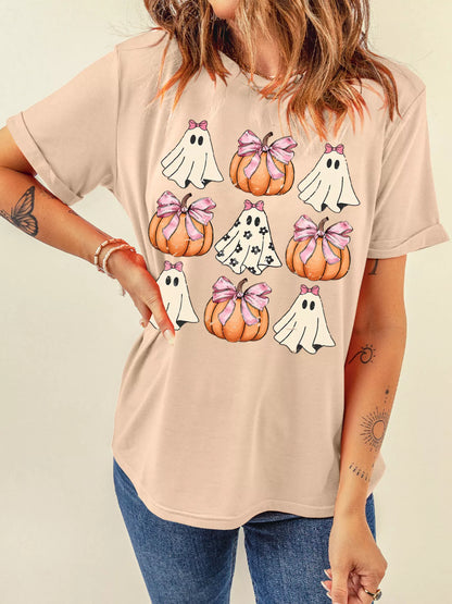 Bowknot Ghost Pumpkin Graphic T-Shirt -
